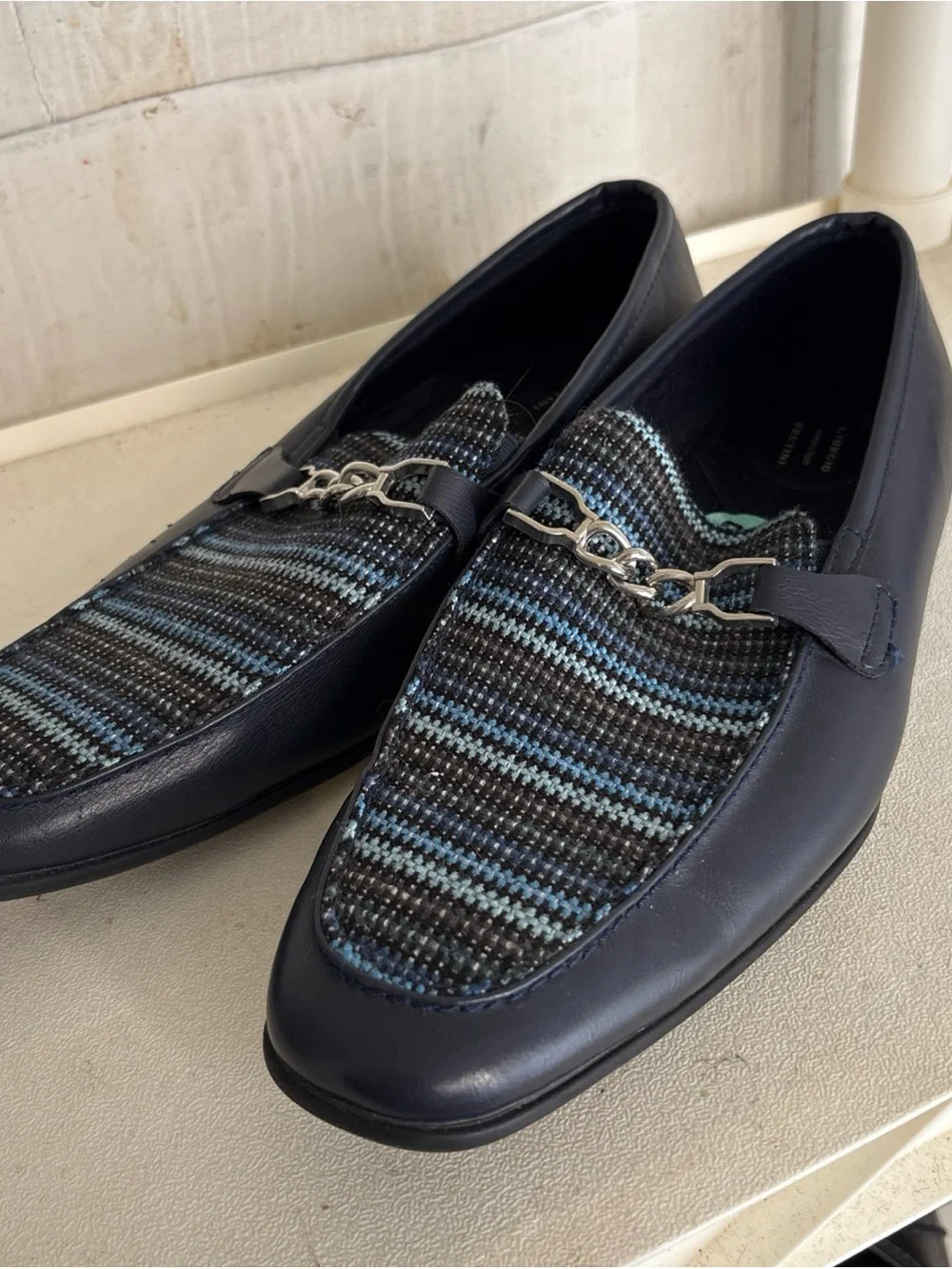 Giorgio Brutini Navy Leather Loafers with Blue-Striped Fabric Vamp